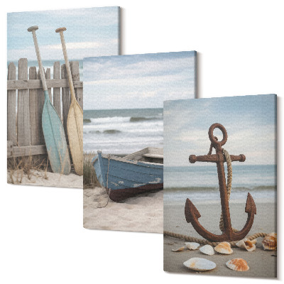 Tablou canvas set triptic O plajă cu o barcă cu vâsle și o ancoră în nisip