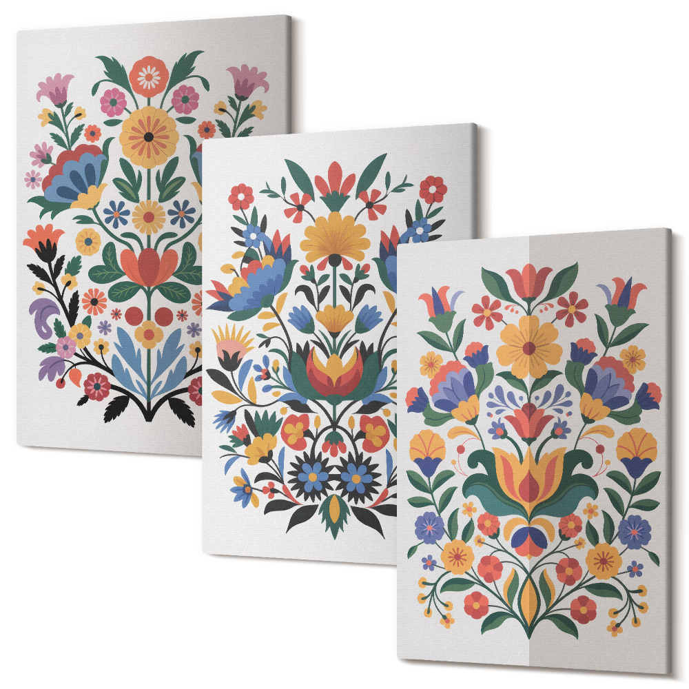 Set tablouri canvas triptic Modele florale în culori intense pe fundal alb