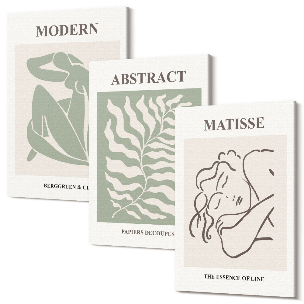 Tablou canvas set triptic Tablouri elegante în nuanțe de verde cu figuri și frunze