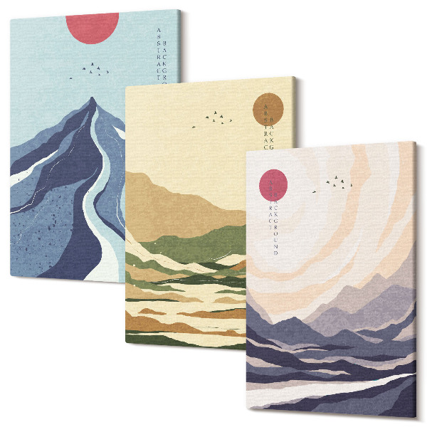 Set tablouri canvas triptic Munți în culori pastelate, stil Japandi