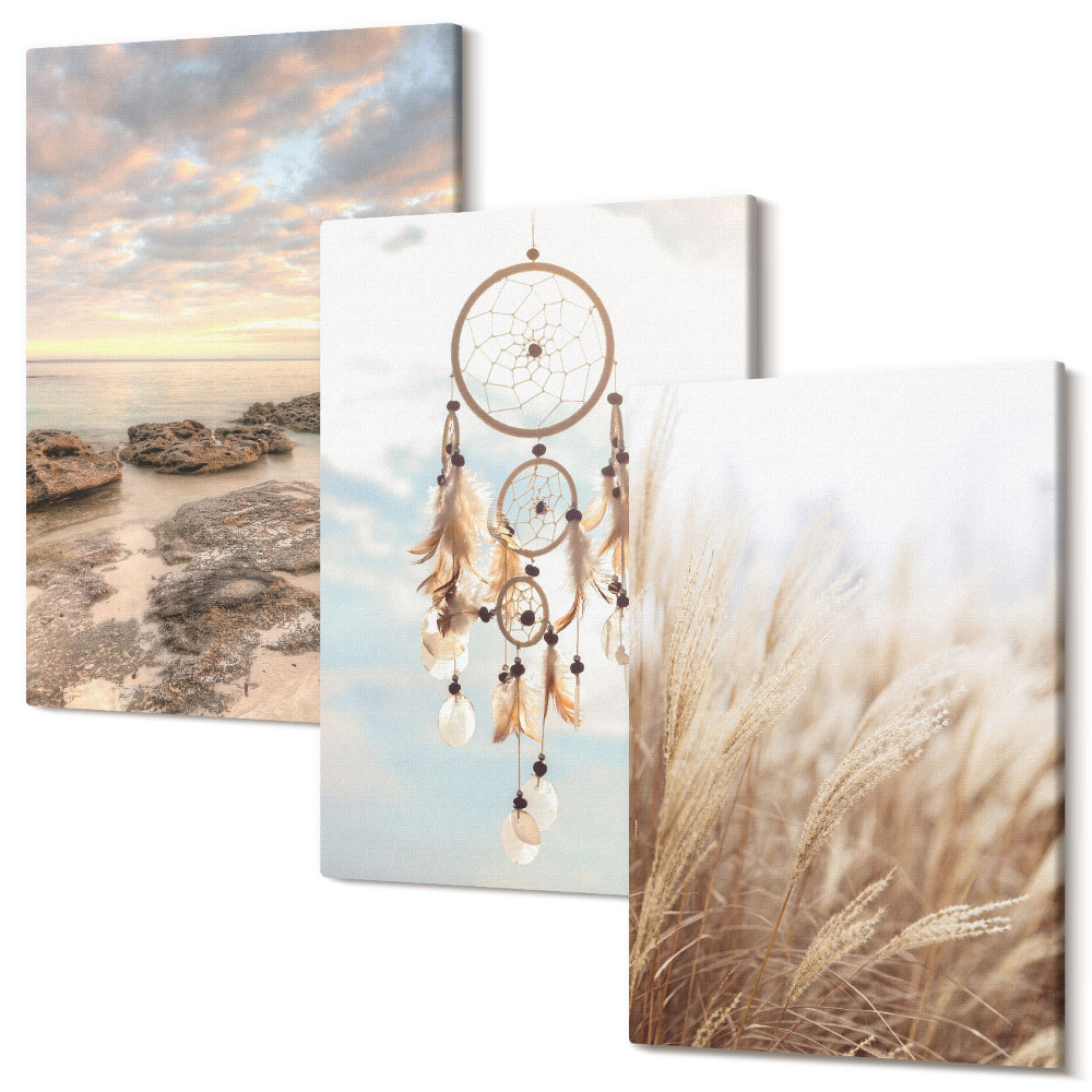 Set tablouri canvas triptic Vedere la mare cu nori, prins de vise și iarbă