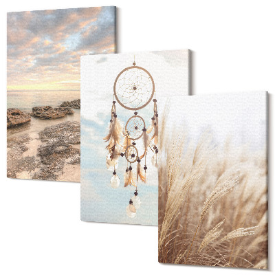 Set tablouri canvas triptic Vedere la mare cu nori, prins de vise și iarbă