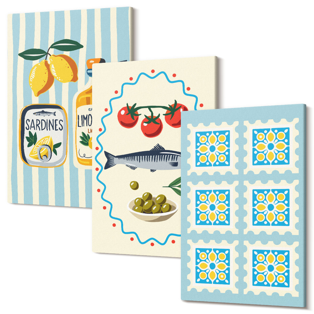 Set tablouri canvas triptic Ilustrații de bucătărie în stil mediteranean