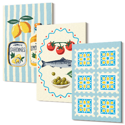 Set tablouri canvas triptic Ilustrații de bucătărie în stil mediteranean