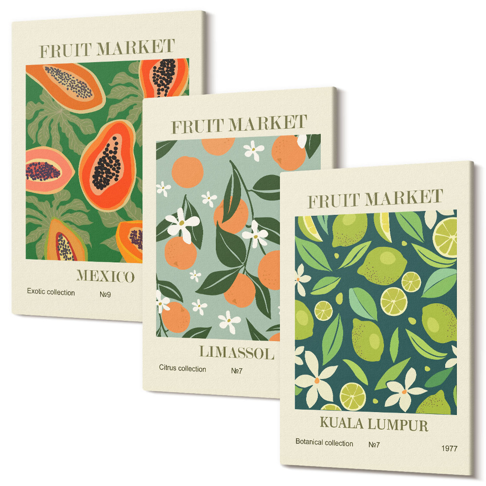 Set tablouri canvas triptic Afișe vintage cu modele de fructe