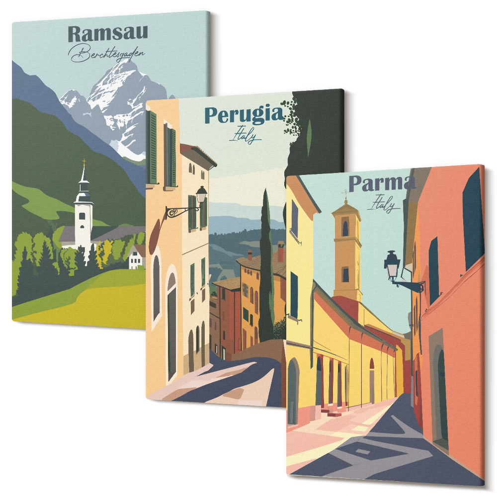 Tablou 3 piese Peisaje montane și străzi ale orașelor italiene