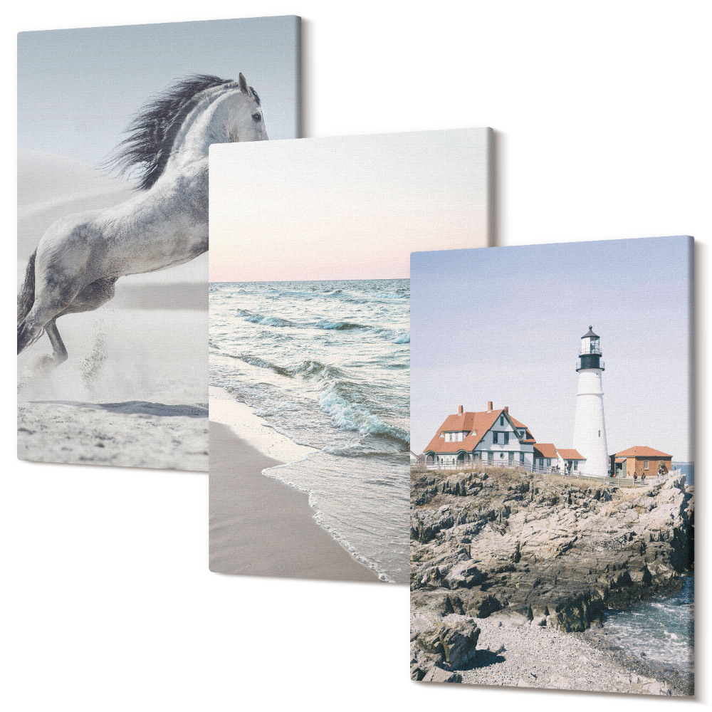 Tablou canvas set triptic Cai în mișcare plajă și valuri de apă far