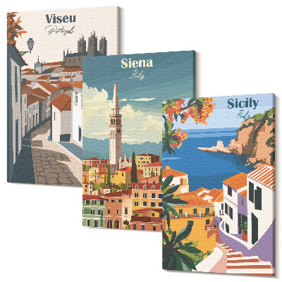 Set tablouri canvas triptic Ilustrații retro ale orașelor celebre din întreaga lume