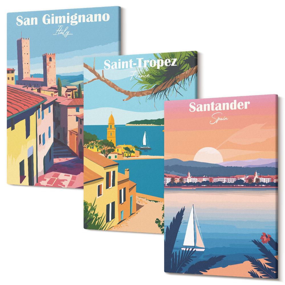 Tablou canvas set triptic Orașe italiene și peisaje retro de litoral