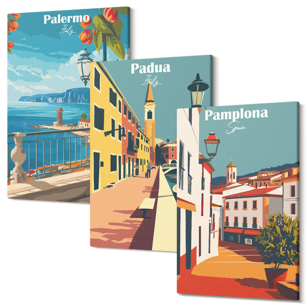 Tablou canvas set triptic Orașe populare într-un stil ilustrativ retro