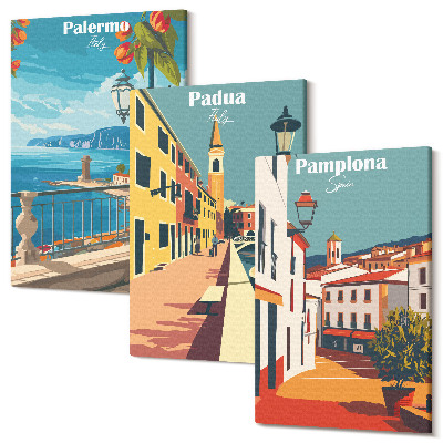 Tablou canvas set triptic Orașe populare într-un stil ilustrativ retro