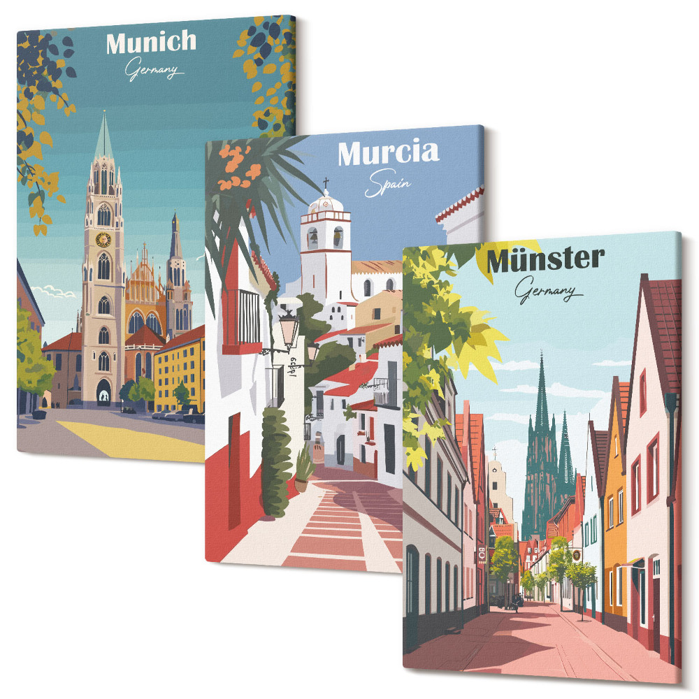 Tablou 3 piese Orașe europene în ilustrații colorate