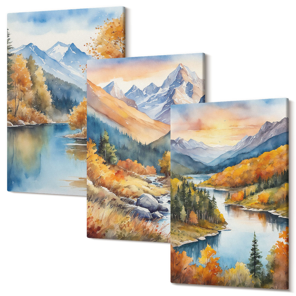 Tablou 3 piese Peisaj montan cu un râu și copaci de toamnă