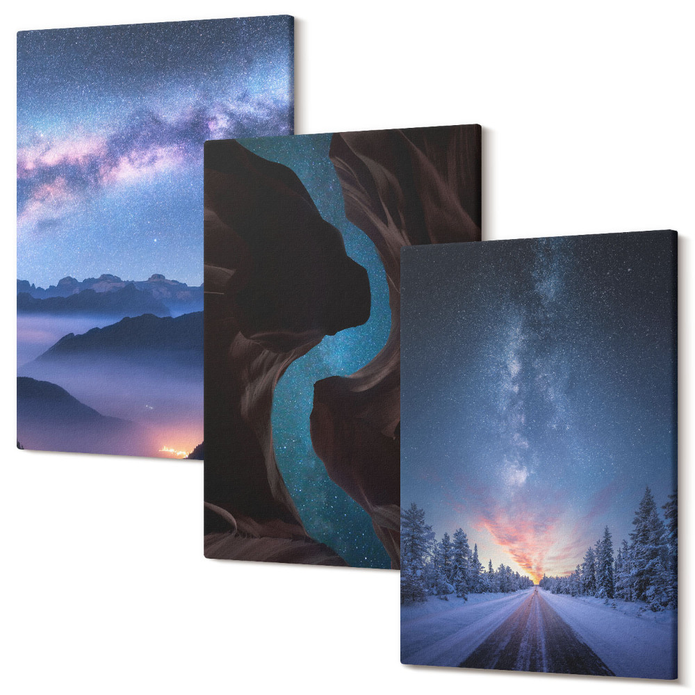 Set tablouri canvas triptic Cerul de noapte defileul munților și peisajul de iarnă