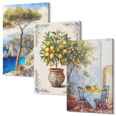 Tablou canvas set triptic Vedere la mare cu lămâi și masă de grădină
