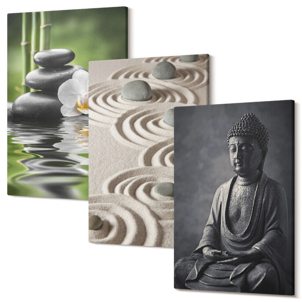 Tablou 3 piese Vedere relaxantă a lui Buddha, pietre pe plajă și bambus