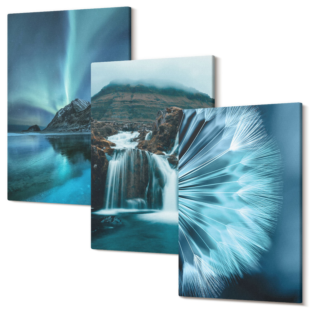 Tablou canvas set triptic Peisaje de iarnă cu cascade și aurore boreale