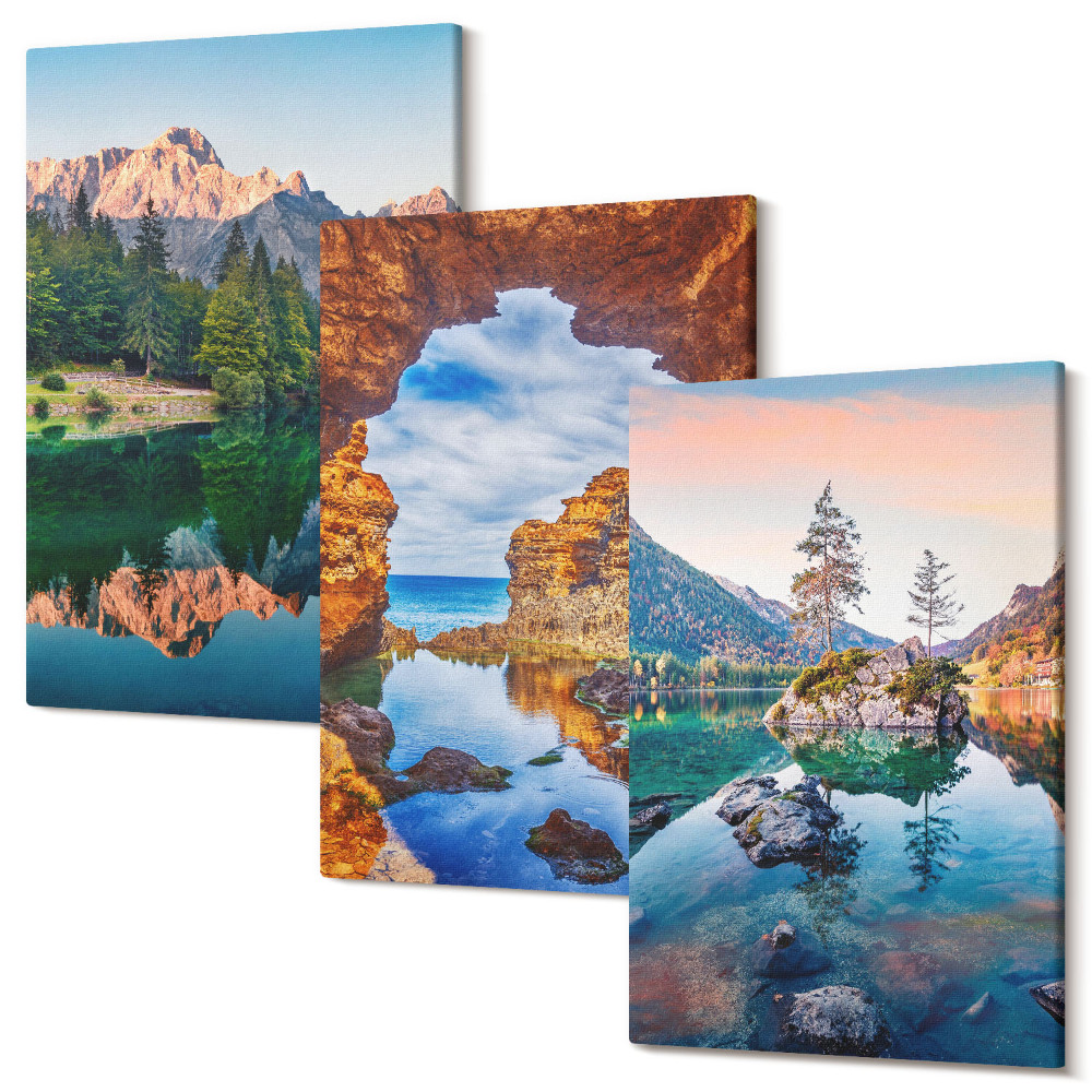 Tablou 3 piese Lacuri de munte cu reflexii în apă și stânci