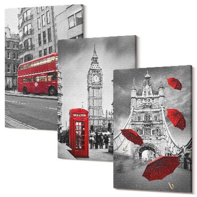 Set tablouri canvas triptic Accente roșii și clădiri celebre din Londra