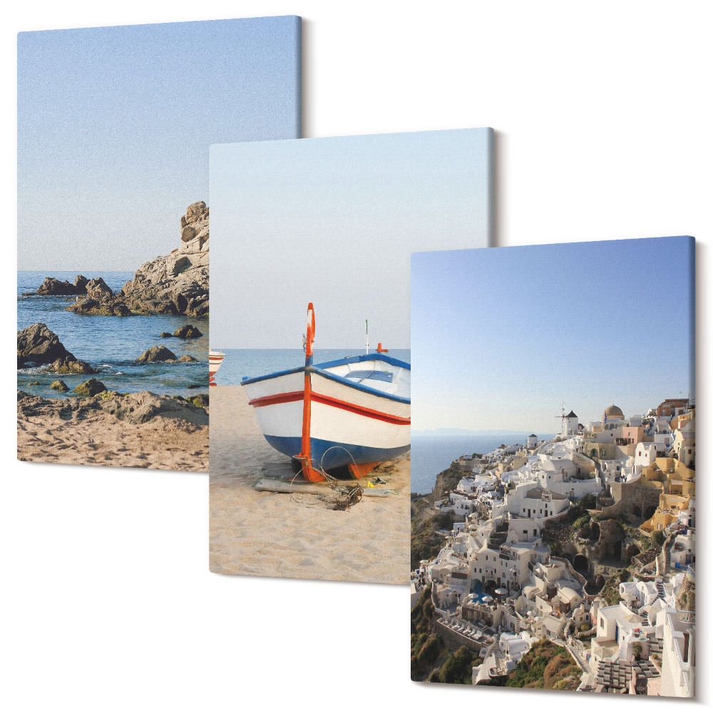 Set tablouri canvas triptic Vederi la mare cu barcă și case albe Grecia