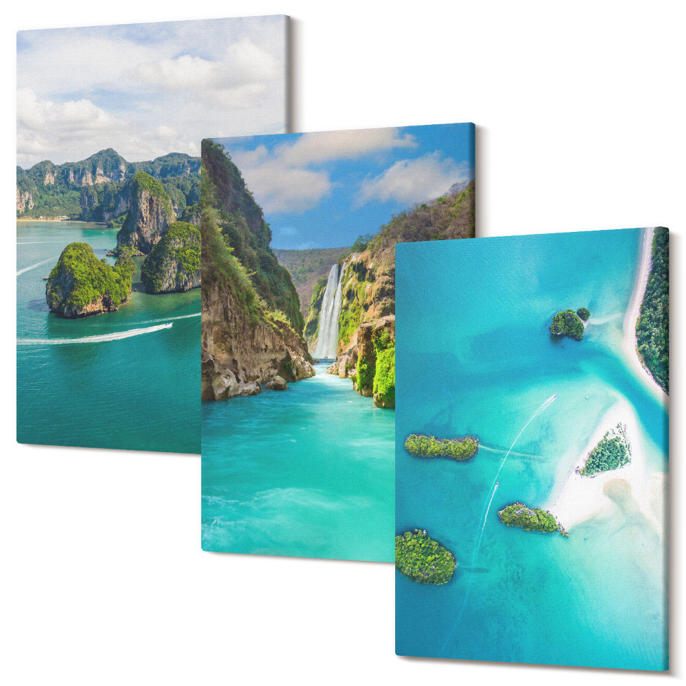 Set tablouri canvas triptic Peisaje tropicale cu insule și apă turcoaz