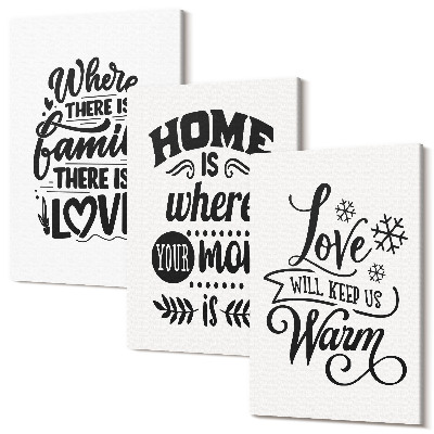Tablou 3 piese Familie, dragoste, casă, căldură în sloganuri simple