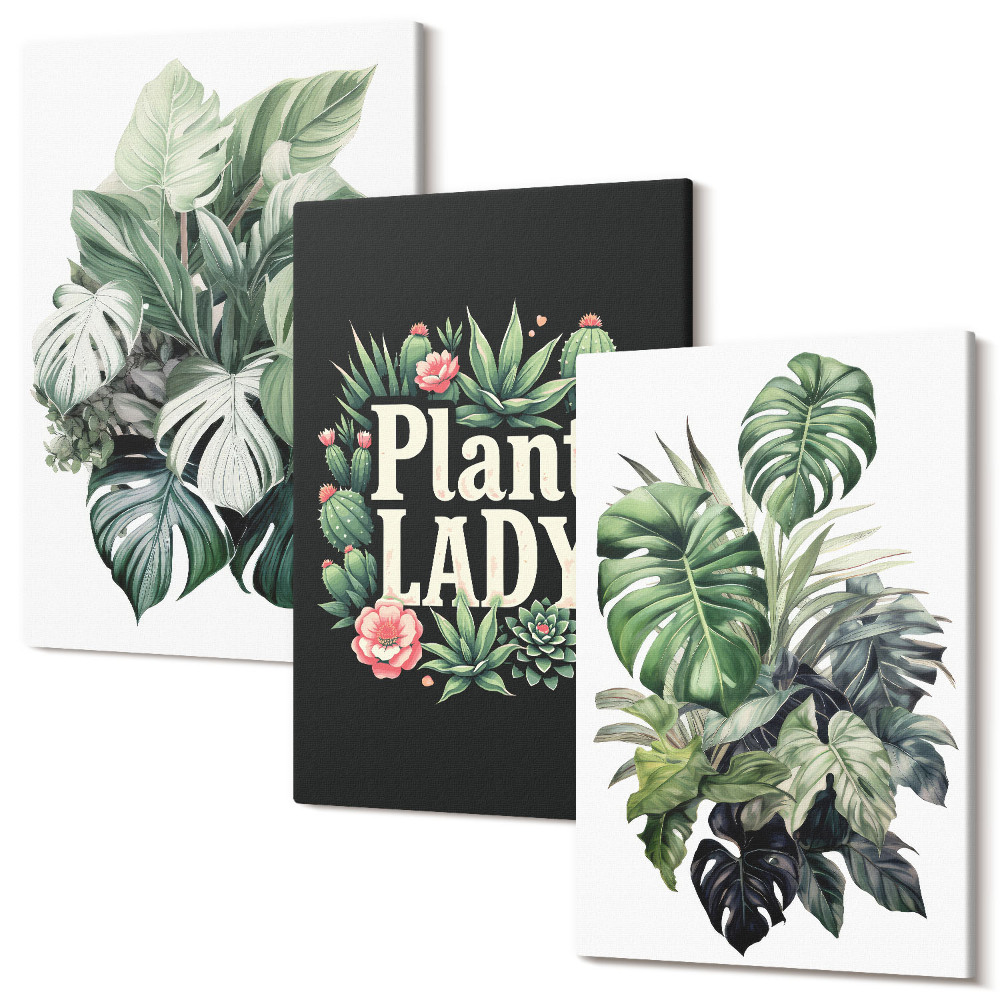 Tablou 3 piese Plante tropicale cu inscripția Plant Lady în verde