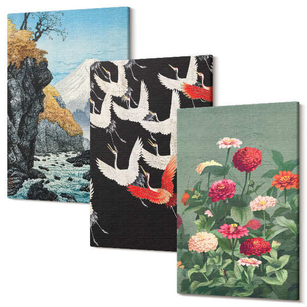Tablou canvas set triptic Munți cu cascadă, păsări în zbor și flori colorate