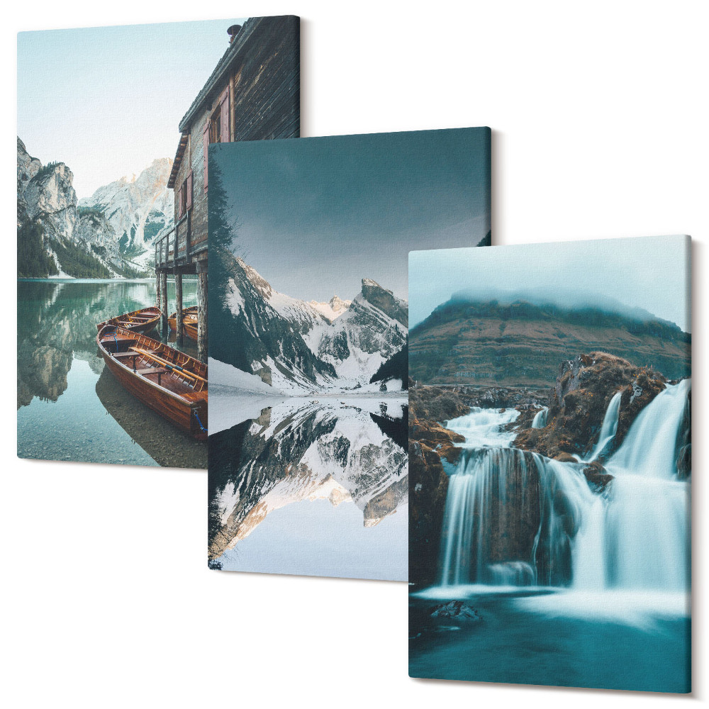 Set tablouri canvas triptic Peisaje montane cu o cascadă și un lac