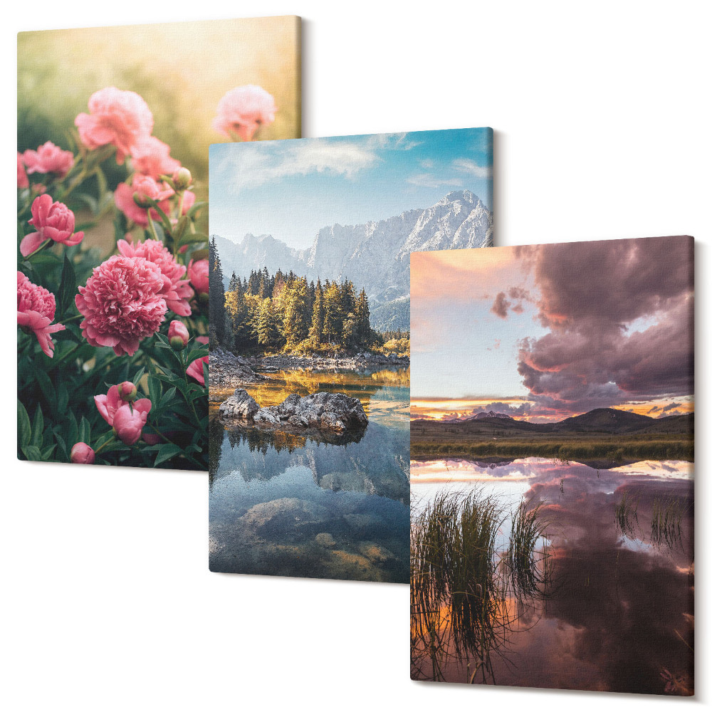 Tablou canvas set triptic Flori în grădină, munți și o suprafață de apă calmă