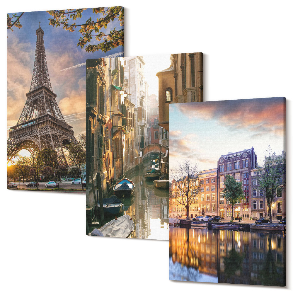 Tablou canvas set triptic Turnul Eiffel, canalele Veneției și străzile din Amsterdam