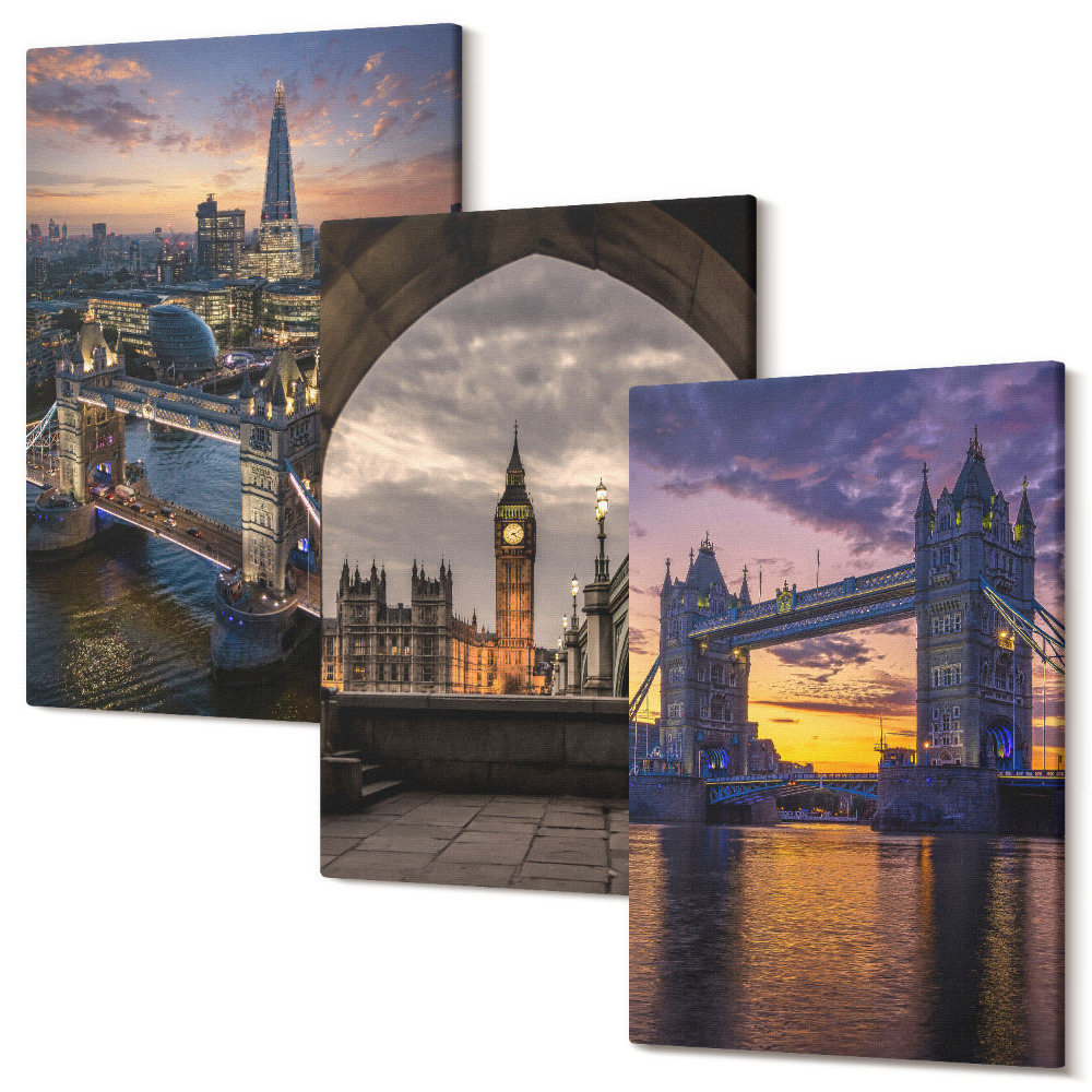 Tablou 3 piese Vederi ale orașului cu poduri și turnuri cu ceas