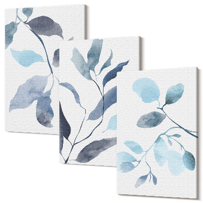 Tablou 3 piese Frunze albastre pe un fundal deschis, stil acuarelă