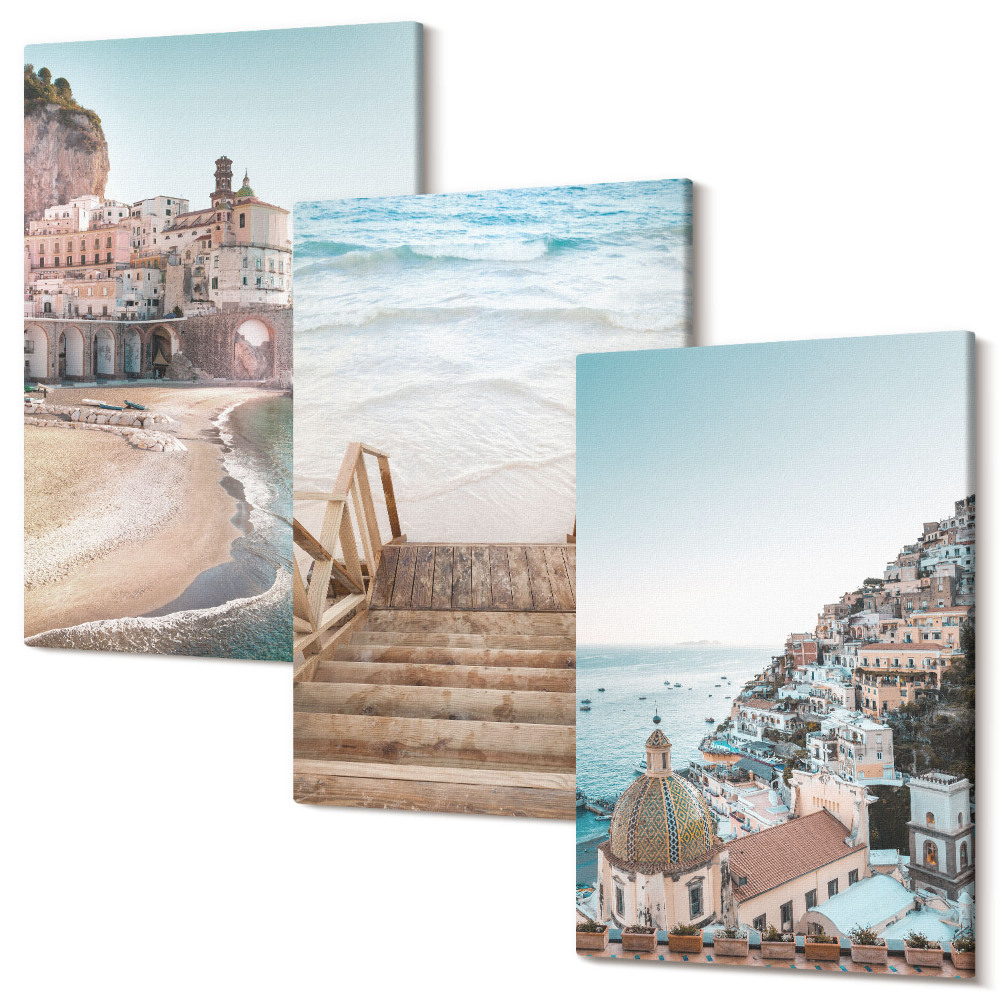 Set tablouri canvas triptic Vederi pastelate de vară cu arhitectură pe malul mării și plajă