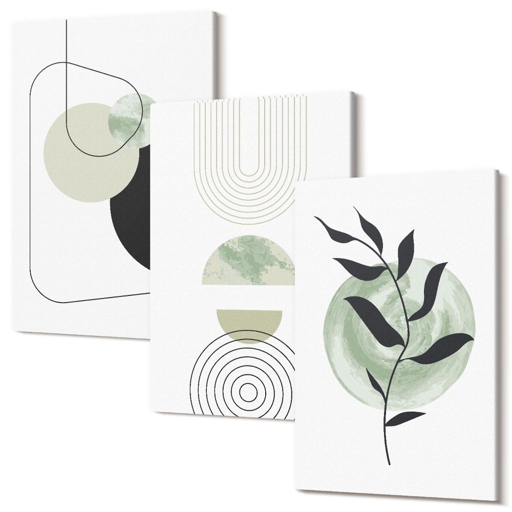 Tablou canvas set triptic Forme abstracte și motive vegetale în verde