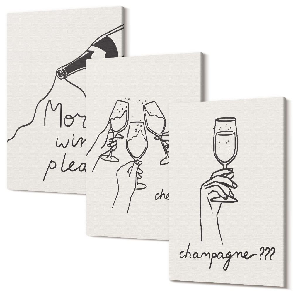 Set tablouri canvas triptic Momente vesele cu vin și șampanie line-art