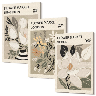 Tablou canvas set triptic Flori retro din diferite orașe din întreaga lume