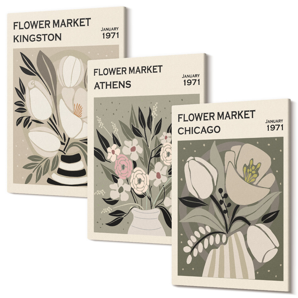 Tablou 3 piese Aranjamente florale în stil retro din diverse orașe