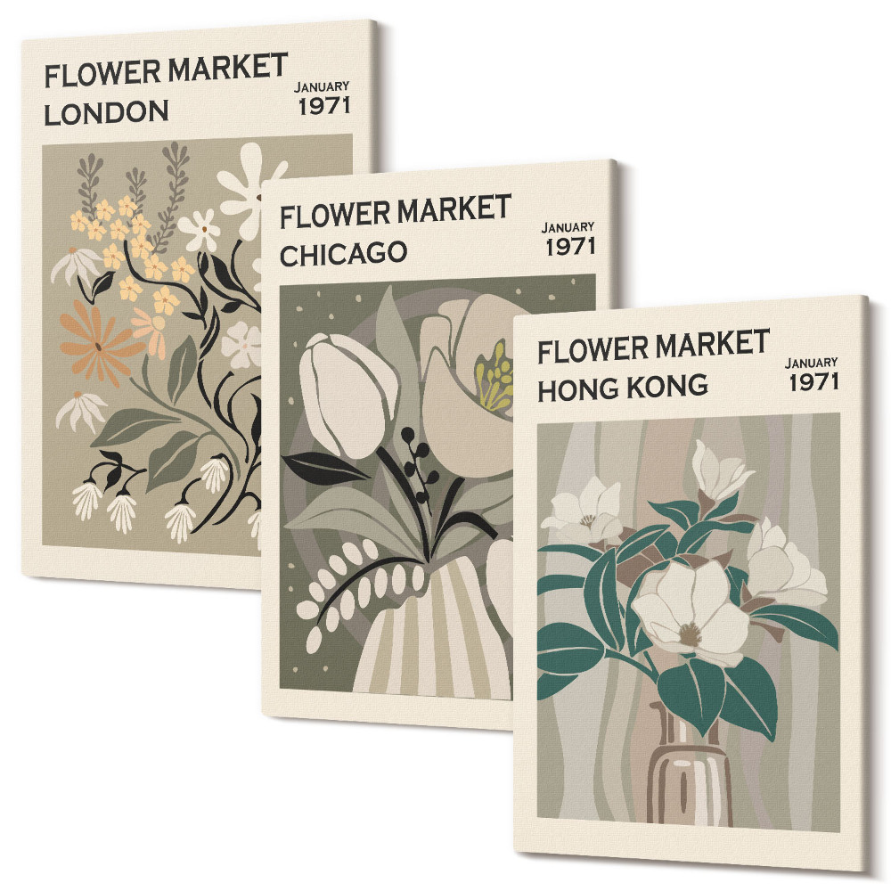 Set tablouri canvas triptic Piețele de flori din Londra, Chicago și Hong Kong