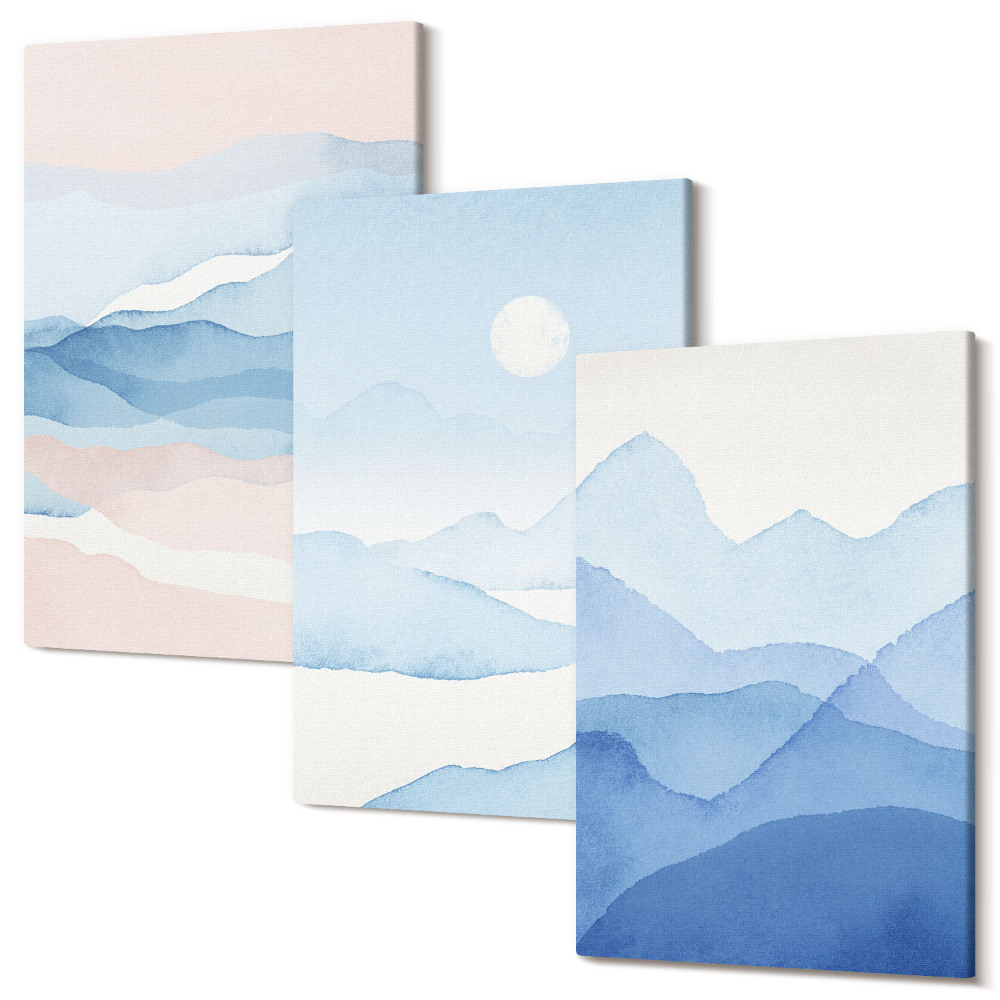 Set tablouri canvas triptic Peisaje montane albastre si roz in acuarela