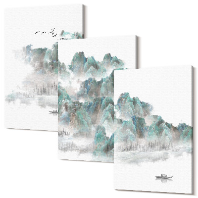 Tablou 3 piese Munți în nori cu păsări și o barcă pe apă japandi