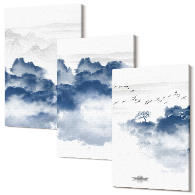 Set tablouri canvas triptic Munții înnoriți cu copaci și păsări în fundal