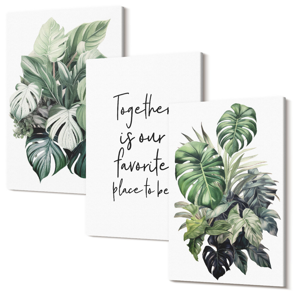 Tablou canvas set triptic Frunze verzi de plante tropicale cu inscripție decorativă
