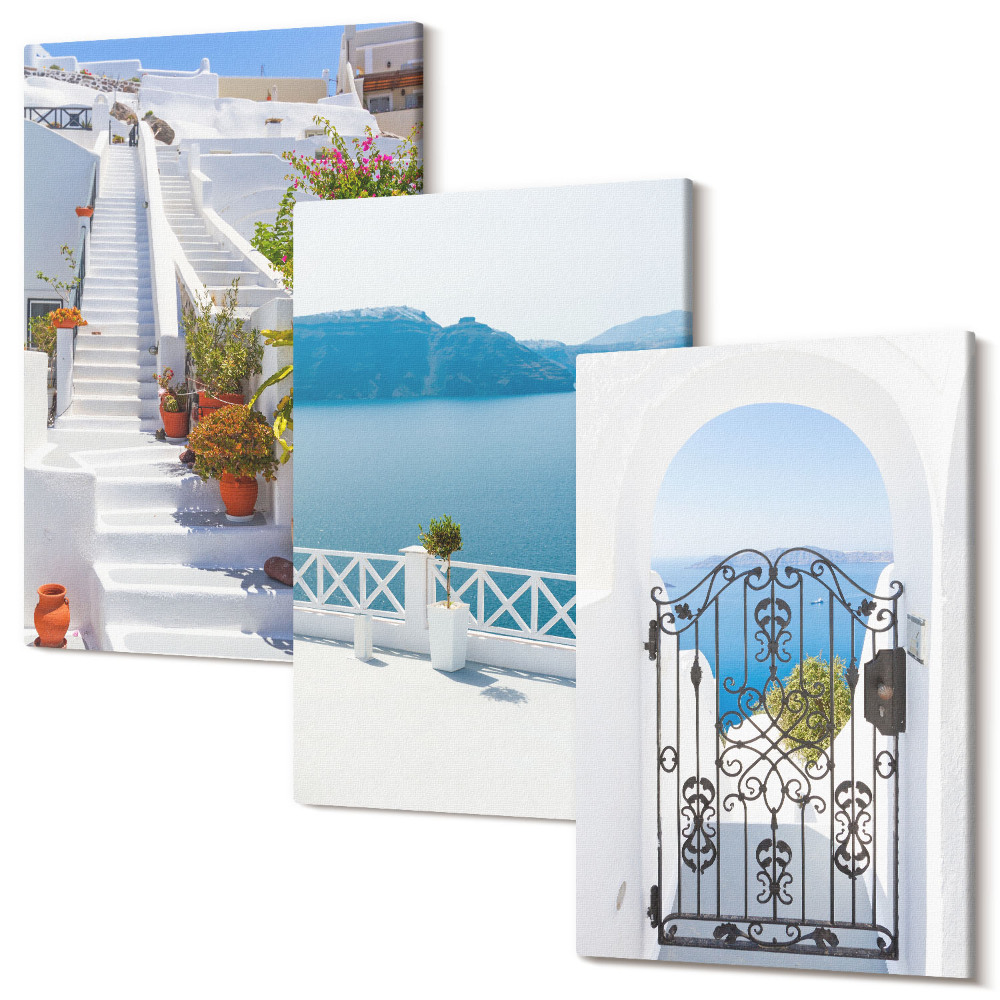 Tablou 3 piese Scari albe cu plante, vedere la mare si poarta