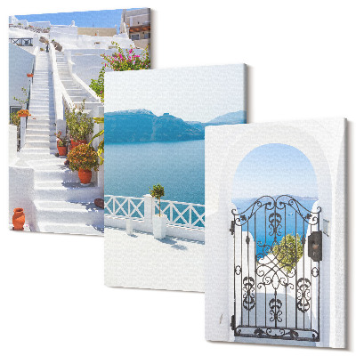 Tablou 3 piese Scari albe cu plante, vedere la mare si poarta