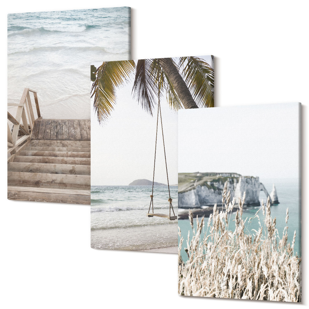 Tablou canvas set triptic Plaja cu scari de lemn si leagan pe malul marii