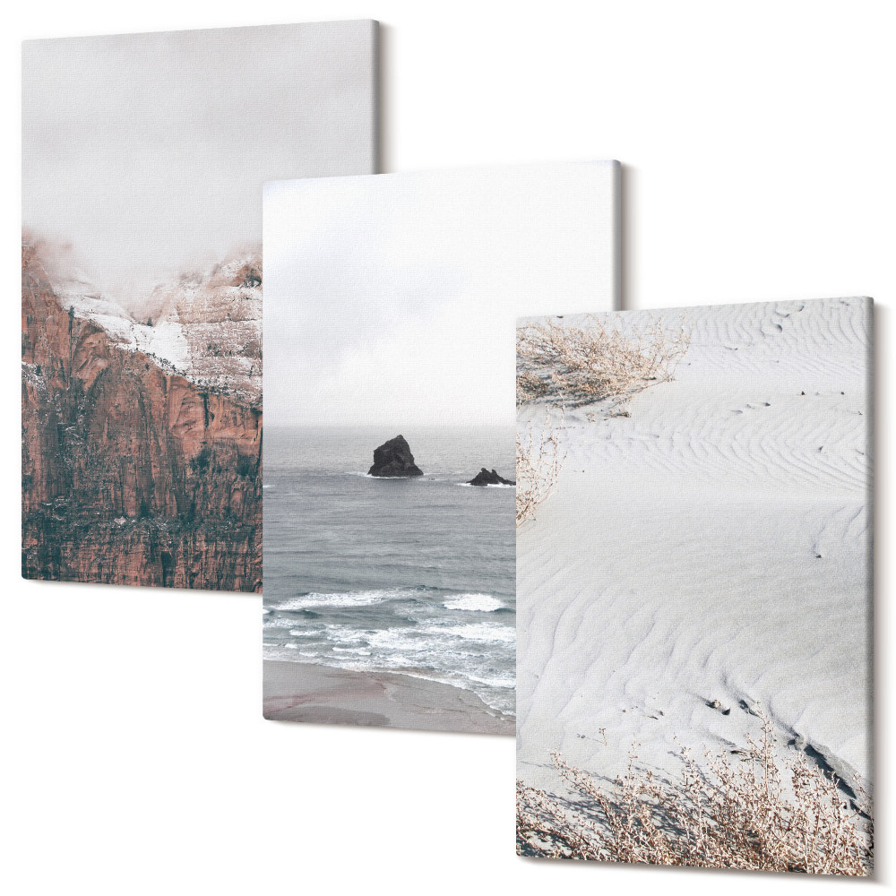 Tablou 3 piese Munți, nori, mare și nisip în nuanțe naturale