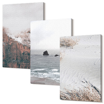 Tablou 3 piese Munți, nori, mare și nisip în nuanțe naturale