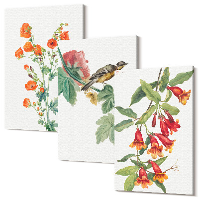 Tablou 3 piese Flori retro pictate și o pasăre pe o ramură