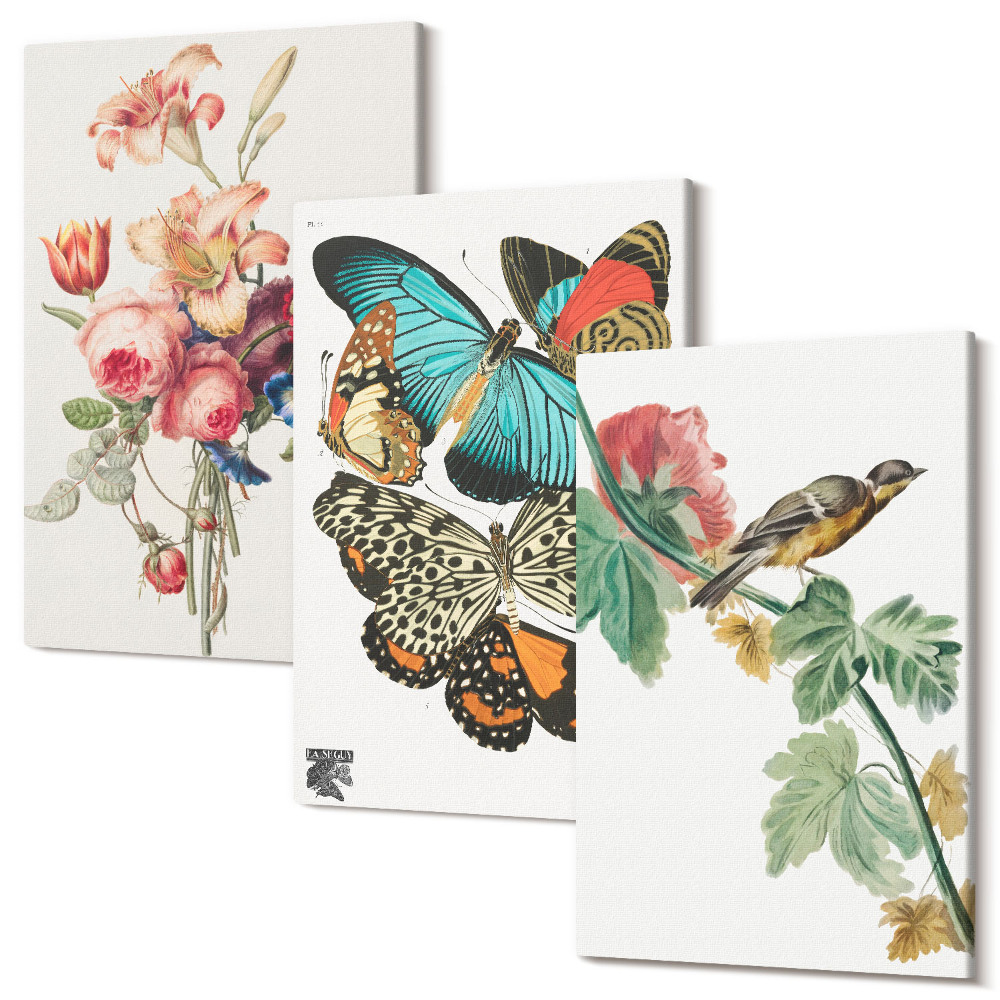 Tablou 3 piese Flori, fluturi și o pasăre în nuanțe pastelate